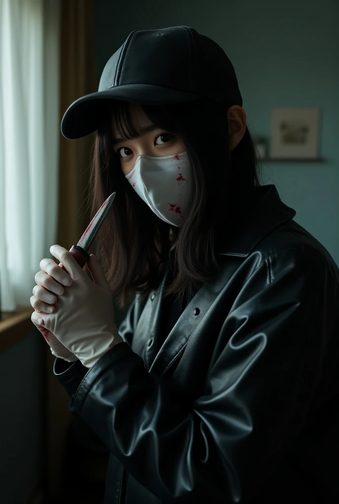 korean beautiful girl, (behind stiff, bloody surgical mask), bloody knife, stabbing, white latex gloves, bloody room, leather black raincoat, foodie, trucker hat, holding knife, living room, latex gloves, hidden, blood splatter, long bangs, black wet suit,...