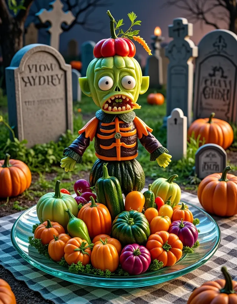 on halloween night, all kinds of vegetables are cleverly assembled into a cute zombie eating pumpkin brains, realistic photograp...