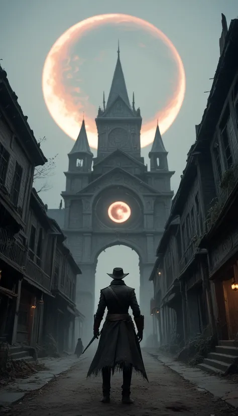 a bloodborne-like hunter ,  from behind,   background , lunar eclipse、 dark fantasy art,  best quality ,   wide shot , Ultra Wide Angle, 