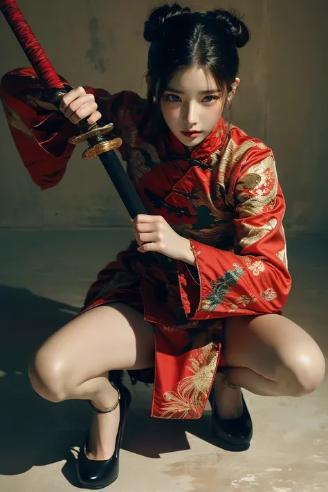 Smoky Eyes:2，Black eyeshadow:2，Dark lips:2,Anatomically correct:2, unique, 1sword
Cher loves Yazawa style girls, 1 girl at home,solitary, dark hair,Hair Bun, Chinese clothing,Keep,Keep weapon,Twice as good ,Bangs,blunt Bangs,One knee, is watching the audie...