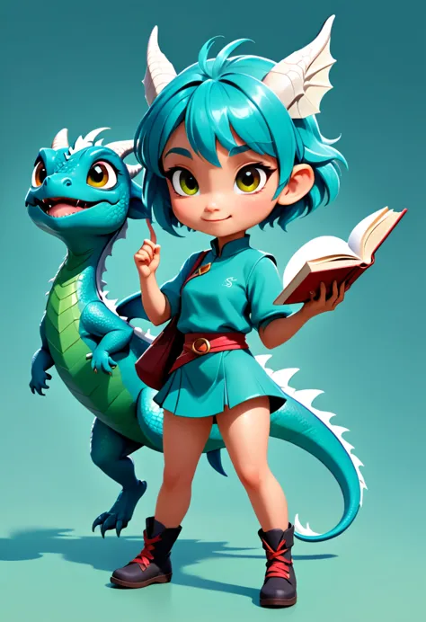 young s, reen book, female, girl, short hair, talking with a mini dragon, the mini dragon is floating besides her, pose, dynamic...