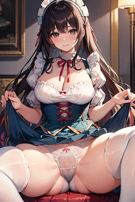 8k、 Best Quality 、  Maximum Clarity and Clarity  、  very detailed 、Beautiful art、  very detailed、Biologically correct body、 textured skin、 A kind smile、Maternal、  plump ass  、Erotic face、see-through clothing 、Large Breasts、(((  lace panties with luxurious ...