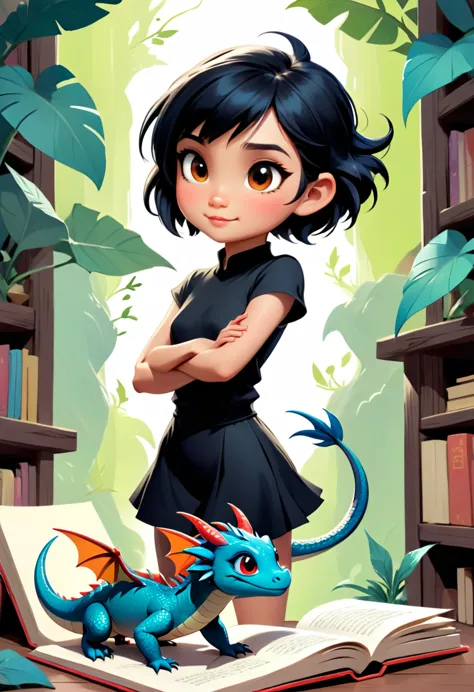 young girl, book illustration, female, girl, short hair, black hair, talking with a mini dragon, the mini dragon is floating bes...