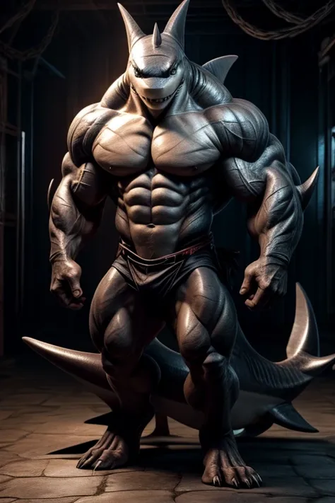 shark with a humanoid, muscular and strong body.
with rough skin and the texture of a shark with sharp teeth and dorsal fins. but with human arms and legs combining fierce and human features in an imposing design