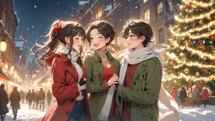 (Masterpiece, High Quality, High Resolution, Detail, 4k, 8k), two Japanese, one beautiful woman (((bright red coat and white scarf))) and one beautiful man (((green coat))), are walking hand-in-hand、I see them a little farther away、in a glittering Christma...