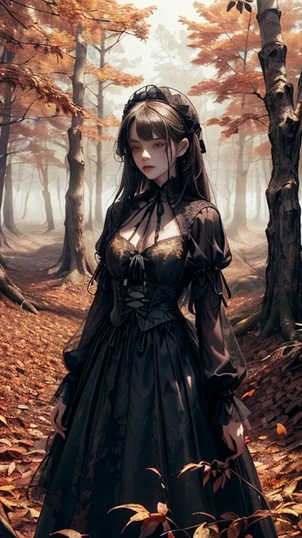 (A ghostly figure stands in an autumn forest, wearing an elegant gothic lolita outfit in black and gold. The trees around her are bare, with fallen leaves carpeting the ground in warm tones of red, orange, and brown. Her long, flowing dress has intricate l...