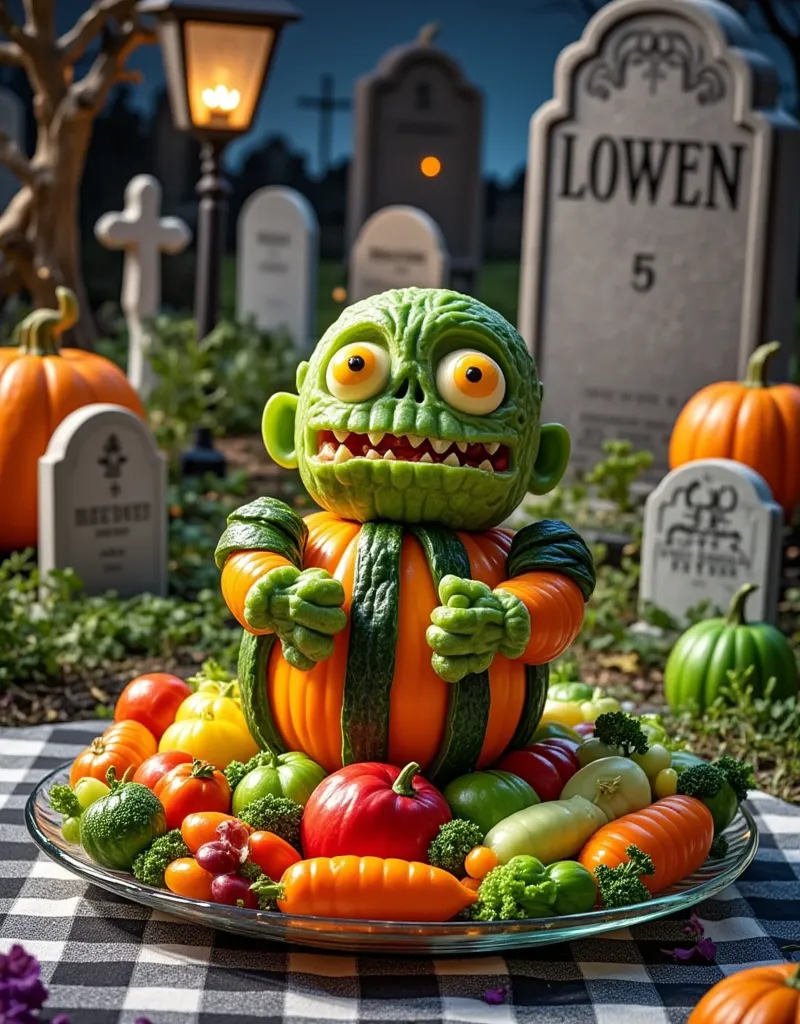 halloween night，cleverly put all kinds of vegetables together into a cute zombie，realistic photography，food carving ，unique styl...