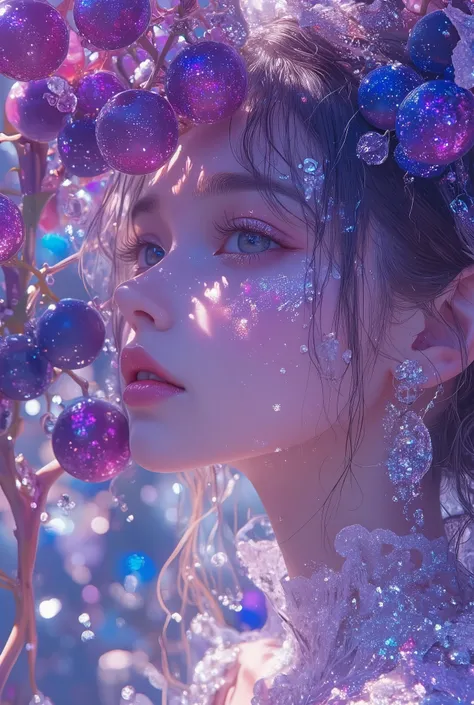 1girl, solo, color style2 texture influence image,glittering effects,soft color,beautiful gradation,background is color style2 that is a cluster of grapes with droplets, possibly water or dew drops, creating an ethereal and sparkling effect. 