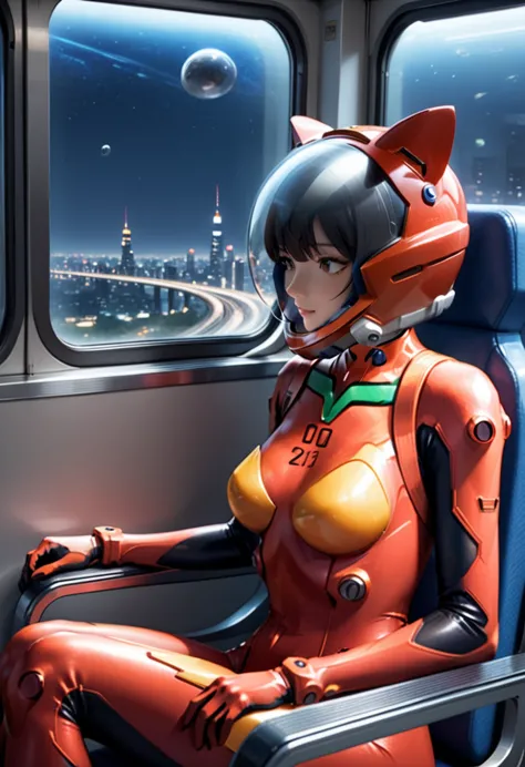 space helmet, (cinematic scene, sitting on a chair, train interior, , city view, night view: 1.5), space helmet, eva helmet, spa...