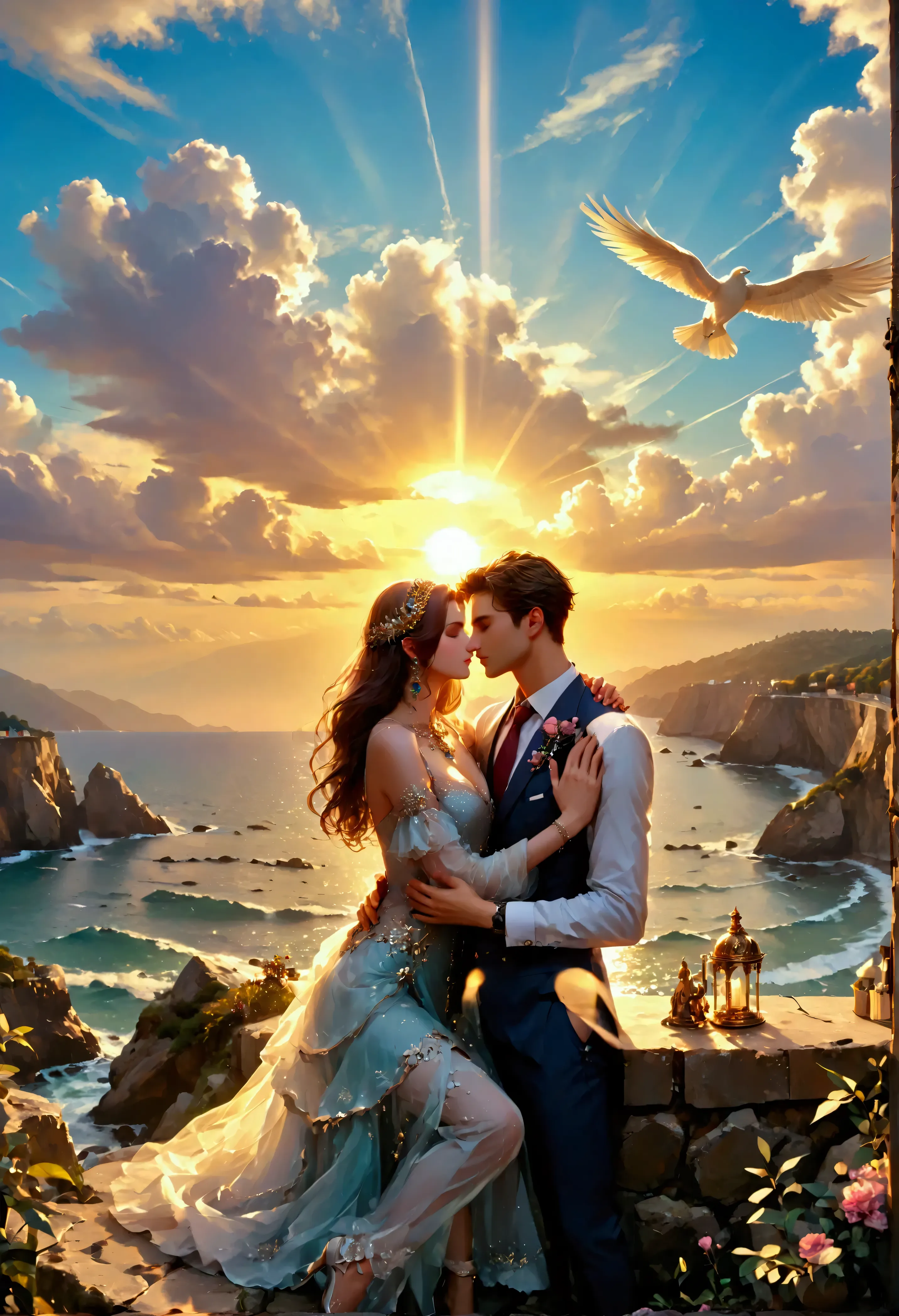 score_9, score_8_up, score_7_up a picture of a couple, a man and a woman,  sitting on the cliff near the sea, they hug and see t...