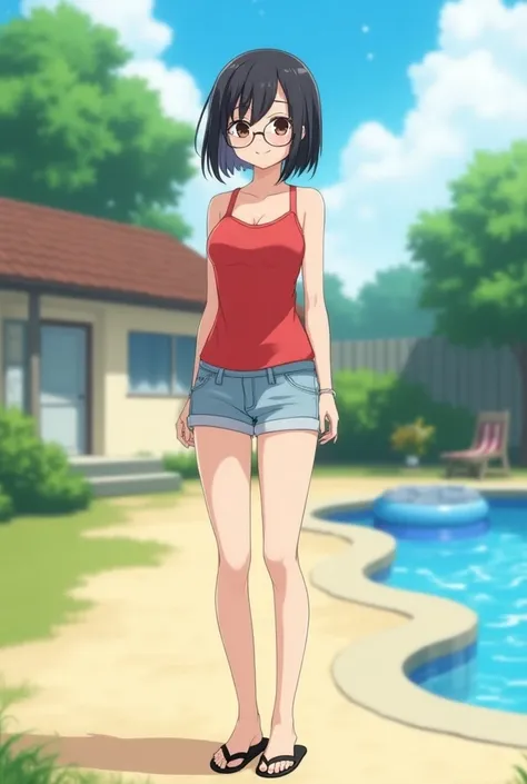 Young anime woman standing on backyard near house, with short black bob hair and black eyes, wearing red tank top with thin straps and light blue skinny shorts, wearing beach slippers, looking with smile, wearing black glasses with round lenses, an inflata...