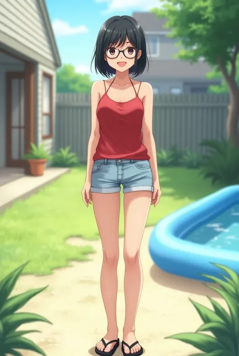 Young anime woman standing on backyard near house, with short black bob hair and black eyes, wearing red tank top with thin straps and light blue skinny shorts, wearing beach slippers, looking with smile, wearing black glasses with round lenses, an inflata...