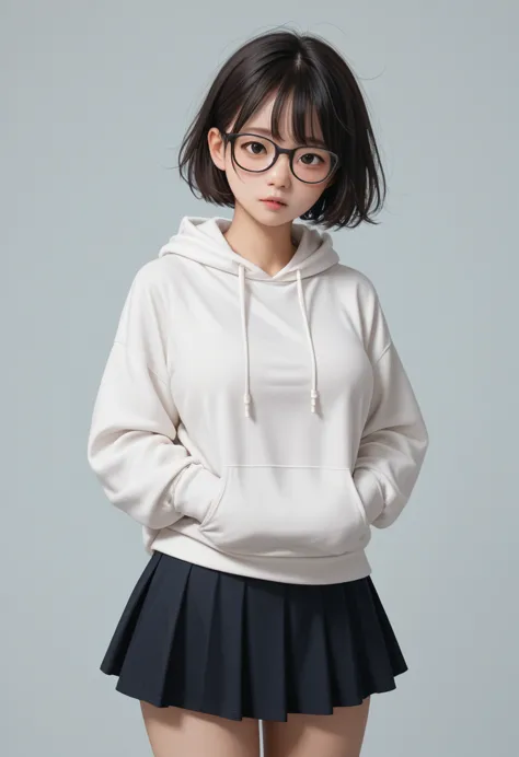 asian,loli(messy hair:0.7)short hair,busty,glasses,white hoodie,skirt,frills