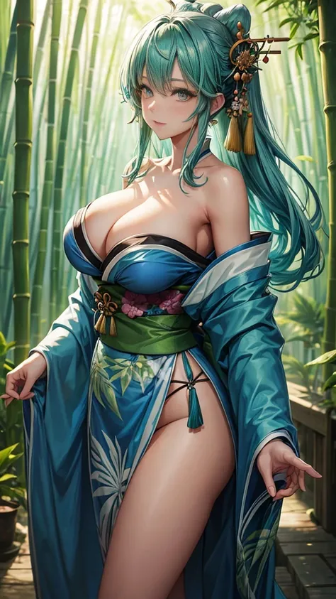 Beautiful girl blue mixed green hair huge breasts wearing a bare-shoulders kimono sexy post in the bamboo forest.