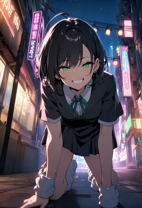  one woman、Black Hair、 short hair、Green Eyes、Slanted Eyes、 High School Student Uniforms、 loose socks 、Ear Piercing、Grin、 buildings、night、Boulevard lined with magenta lights 。