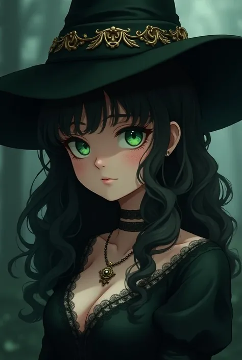 An anime character with long, curly hair with freckles, green eyes, gothic style, wearing a witchs hat.
