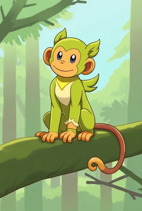  Chimpep is a small ape-like Pokémon ,  whose fur is predominantly green .  On the face it has a yellow decorative spot around the eyes ,  the Pokémons hands and feet are orange .  Chimpep has a long brown tail on the back body ,  his ears are also brown a...