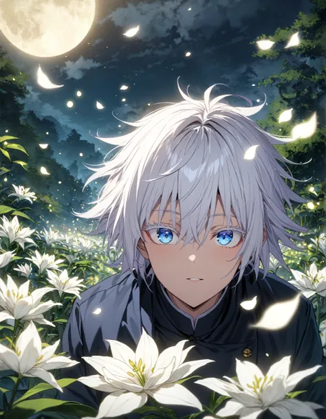 absurd,  high definition ,   overdetailed  , hdr, masterpiece,  best quality, gojo satoru ,   white hair with bangs  ,  expressi...