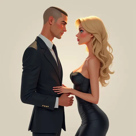  Blonde woman , blue eyes, slim, good curves,  big and perfect breasts dressed in a black Balenciaga dress together with a half-shaved man, blue eyes, marked fractions ,  athletic body dressed in an Emporio Armani suit . Man on his knees, Asking his girlfr...