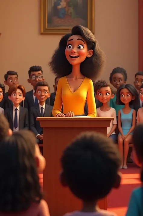  Create a pixar image of women and girls looking at a pulpit, where a woman speaks and says happily ,  and 3 men seated in suits also watch behind the speaker 