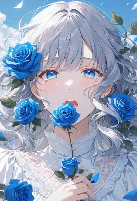 Anime、((Surprisingly bizarre )),(masterpiece:1.2),超 Kampala,  attention to detail,  high quality,  Kampala, 最 high quality, 4K, 8k、((pastel))、Woman with roses ,1 blue rose,  white and blue theme,Close-up photo of a woman,Gray Hair,curly hair,  blowing in the wind , Wore the white clothes of ,Very white skin, blue eyes ,shining blue,Emphasize,Crying with your mouth open,that&#39;Burning below,Blue Flame,sorrow