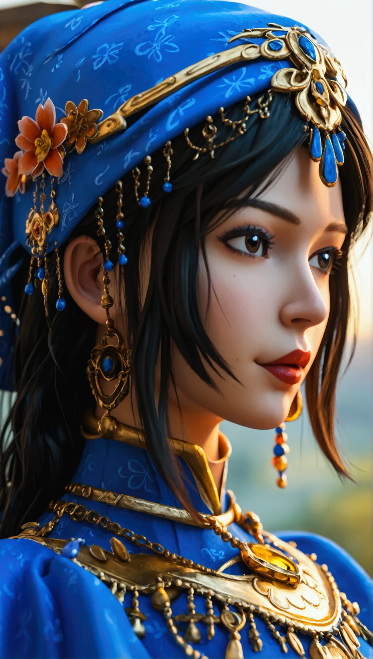 arapheda woman in blue dress with golden belt and necklace, 3d render character art 8k , trending at cgstation,  chengwei pan on...