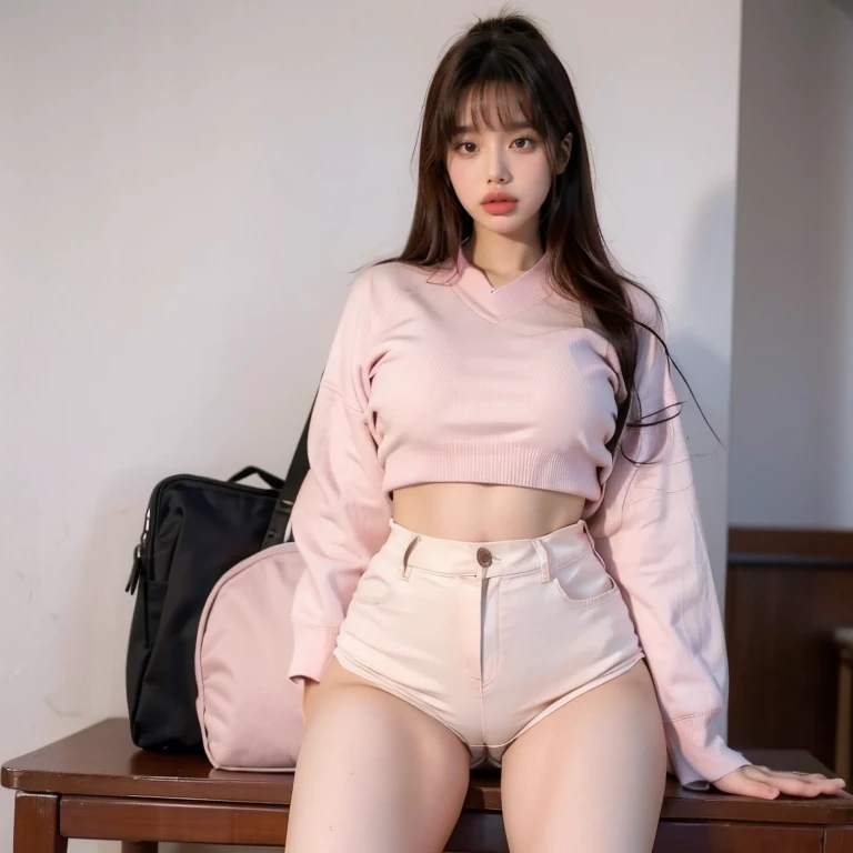 A girly 20 year old Korean girl, ((going to school)) in seoul, in a smaller korean school uniform, wide hips, butt, little nose, blush nose, thick lips, big lips, rose pink lipstick, sexy thighs, upshirt, full body angle, photo-realistic