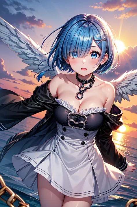 (masterpiece, best quality:1.2), (8k, extREMely detailed CG), REM, REM_re_Zero, 1girl, blue eyes, blue hair, short hair, hair over one eye, (detailed beautiful eyes, shiny skin), (collarbone:1.2), off-shoulder shirt, medium breasts, cleavage , (Angel flyin...