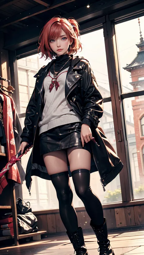 best quality,masterpiece,, 『魔法少女まどか☆マギカ』madoka kaname、 is wearing a black leather jacket and combat boots。,  holds a magic wand,...