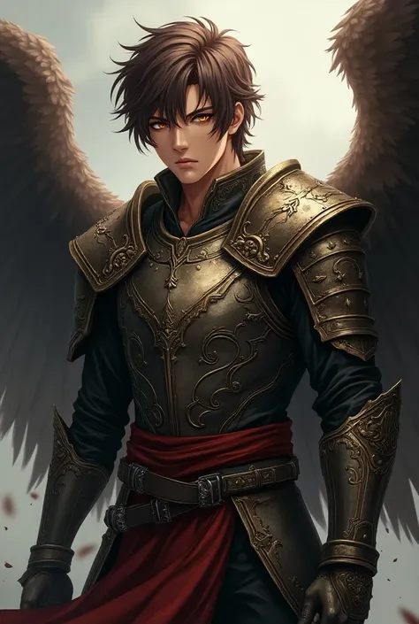 20 year-old anime man with tan skin, amber eyes, brown shaggy hair, with medieval armor and has wings