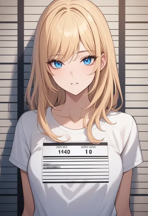 masterpiece, best quality, 1girl, blonde hair, blue eyes, natural skin, white shirt, mugshot, wall background, detailed eyes, de...