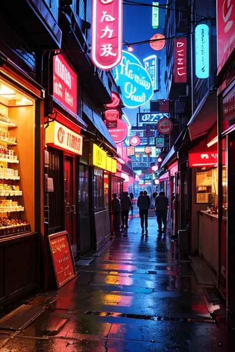 In front of the entrance of a night bar in the back alley of Neon Street at night