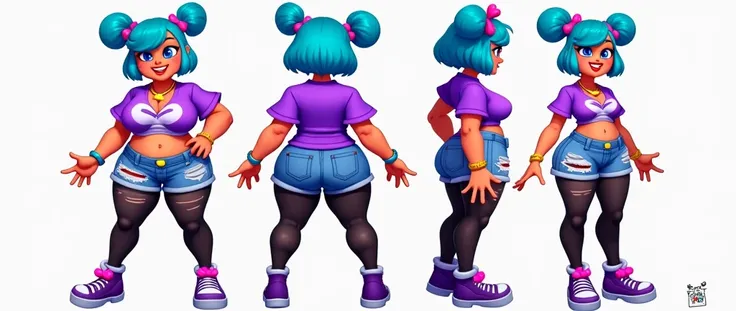 Character Design Azucarilla is a vibrant girl with big busts and big pompis and happy with short blue hair with a heart brooch in her hair with a heart necklace with a short and ripped purple shirt and in the center she has a heart dressed in short ripped ...