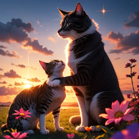 dog, cat, Hug, bright atmosphere, sunset, sparkle, fantastic, flower, artistic, sensation,