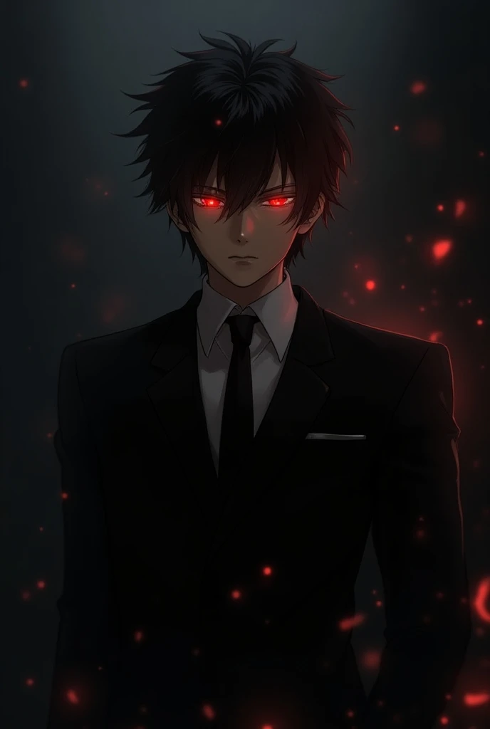 From Dazai from Bungou to Alchemist with red color and orange eyes and in a black suit 