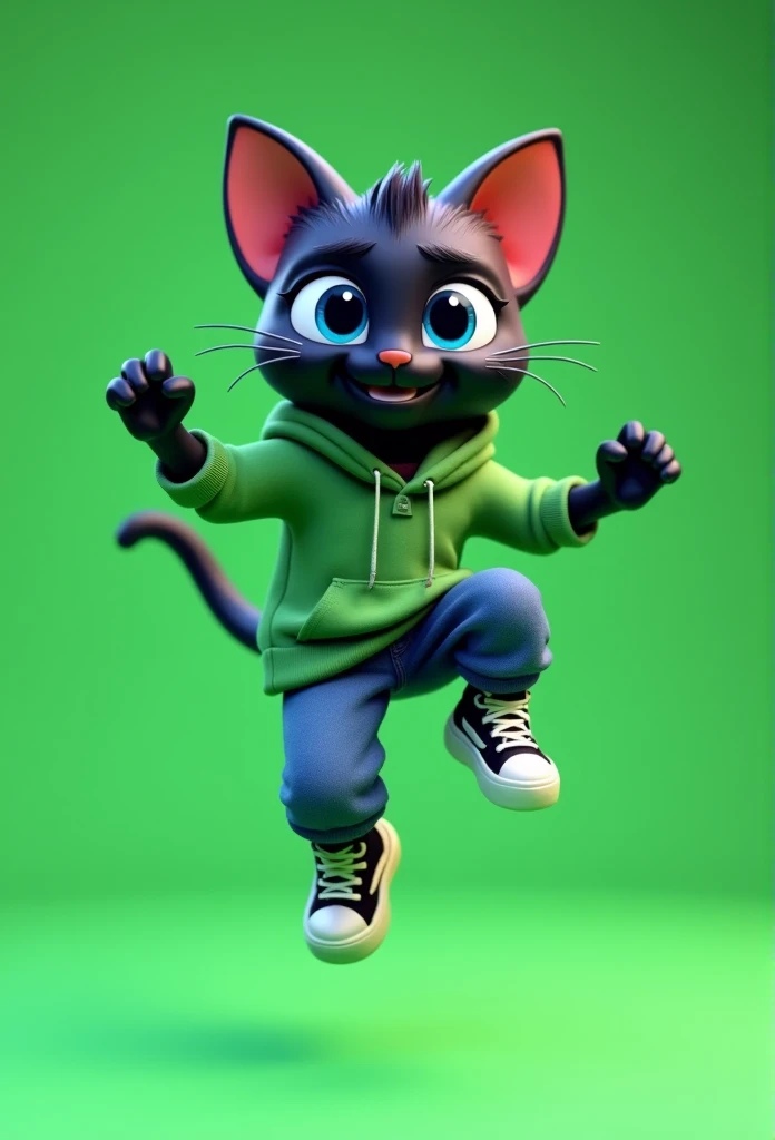 An anthropomorphic feline character with shiny black fur and large, vibrant blue eyes. He is wearing a casual green hoodie with a subtle logo and loose-fitting blue jeans. On his feet, he has black-and-white skater-style sneakers, with visible laces and de...