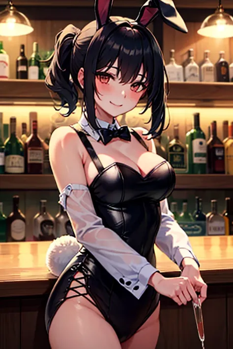 A bunny girl with heavy bangs, black hair, short ponytail, and a dreamy face who smiles at a bar at night and serves alcohol at the counter