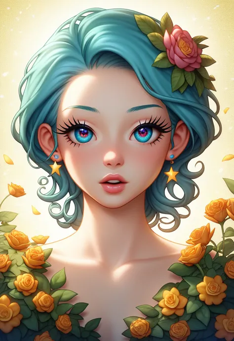 em anime , captivating scene unfolds as the most beautiful hair, slim witch, bulma dbz sexy with bodi adorned with flowers, stan...