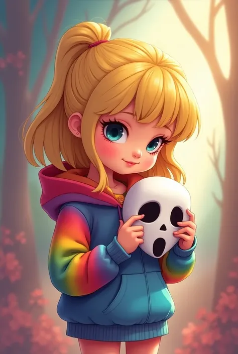 Cute animated blonde girl reading ghostface mask on rainbow hoodie