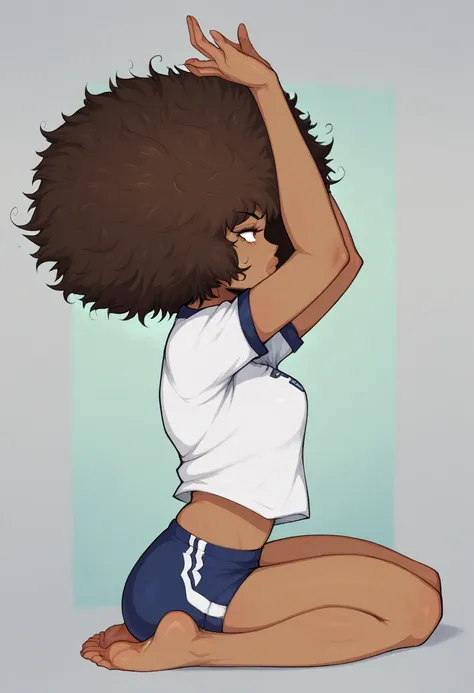 1 young girl, dark skin, ebony, breast, afro hair, messy hair, brown hair, lips, curvy, anime style, white tshirt, japanese gym ...