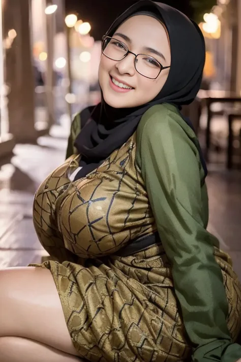 cute pakistani girl in hijab wearing batik patung dress, big smile, glasses, laughing, happy, big front teeth, bustling nighttim...