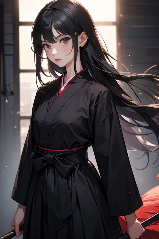 Kendo girl , Black hair, Long hair,  black eyes, black kendo suit ,  black hakama