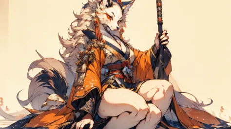 (( masterpiece ,  best quality )), (anthropomorphic kitsune )) onna bugeisha high definition,  full body