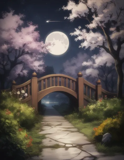 score_9, score_8_up, score_7_up, gsfghtr, neckerchief, (1girl), smile, moon, shooting star, garden with wooden bridge