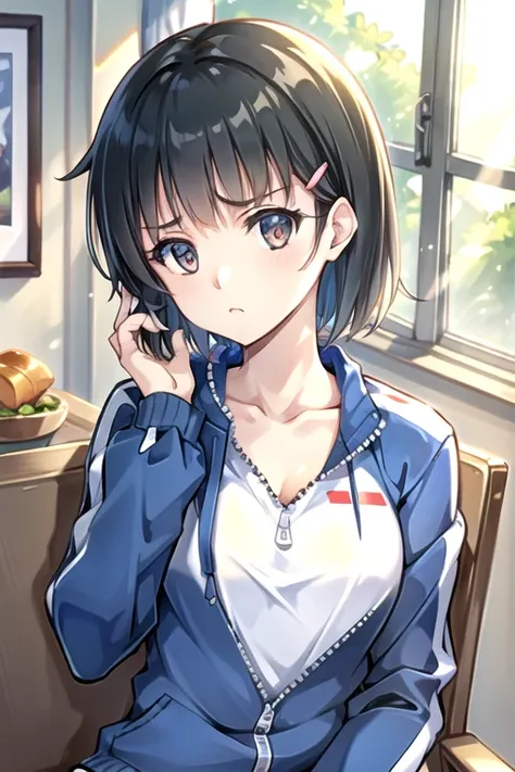 EFT_Sao_Sis, 1girl, kirigaya suguha, black hair, solo, short hair, track jacket, hairclip, hair ornament, jacket, green eyes, food, looking at viewer, black eyes, frown, breasts, sitting, collarbone, upper body, indoors