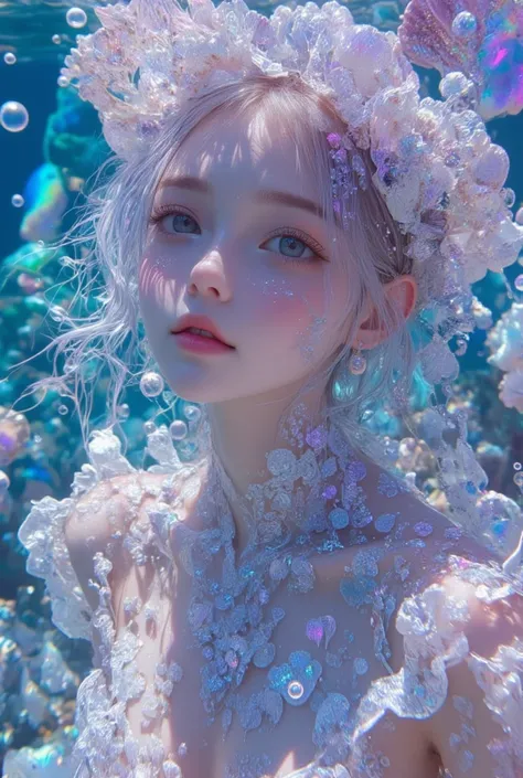 1girl, solo, color style3 texture influence image,glittering effects,soft color,beautiful gradation,background is color style3 that is Vivid Underwater Scene with Iridescent Shells and Bubbles 