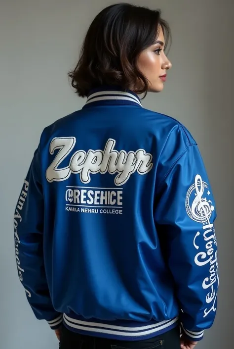 I want a oversized varsity jacket for woman which is deep indigo blue in colour. It has the word Zephyr (in italics)written on its back and just beneath Zephyr, Kamla Nehru College is written  in times new roman and below that aayushi is written(in capital...