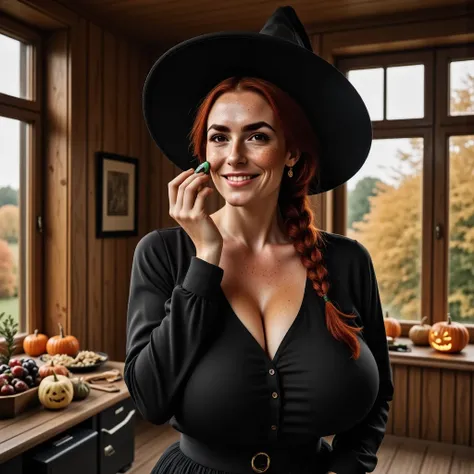 Photorealistic, cinematic style, a beautiful British woman getting ready for a Halloween party, spreading green face paint on her face to get that "Witched" -look. She has a black pointy witch hat on her head. Holding a makeup sponge and spreading green fa...