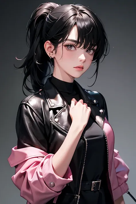 1 woman, black hair, black eyes, 30 years old, pink leather jackets, black shirt,Expressionless, beautiful detailed eyes,bangs, middle hair,night dystopia, concept art,cinematic lighting,With straight hair, bangs, ponytail, a black frou-frou dress like in ...