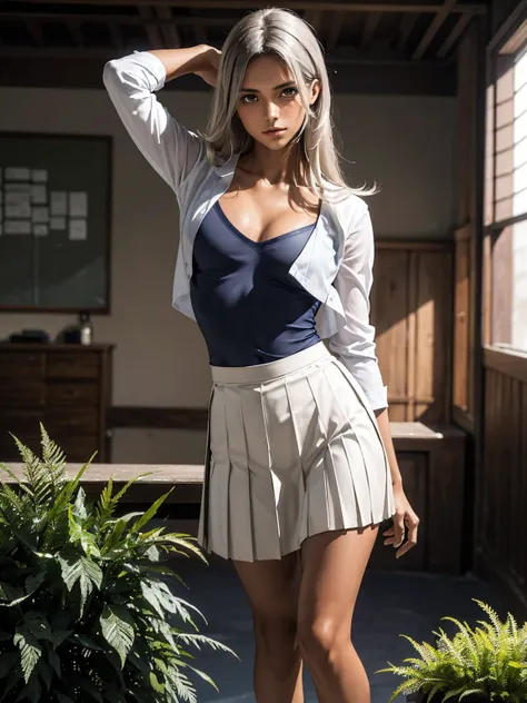 jill valentine, (brown skin:1.4), (flat chest:1.8), (white shirt, pleated navy skirt:1.3), thick thighs, silver hair, fluttering...